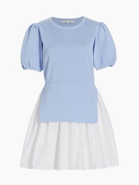 English Factory Light Blue & White Puff-Sleeve Dress
